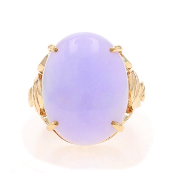 Yellow Gold Jadeite Cocktail Solitaire Ring - 14k Oval Cab 18.9ctw Lavender